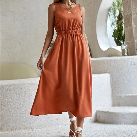 Bohemian Rust Orange Cutout Backless Midi Dress XS S M L - Picture 3 of 6